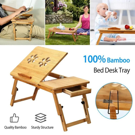 VGG Bamboo Laptop Desk Breakfast Serving Bed Tray Foldable Leg Multi-Position Adjustable Tilt Surface Bed Lap Tray