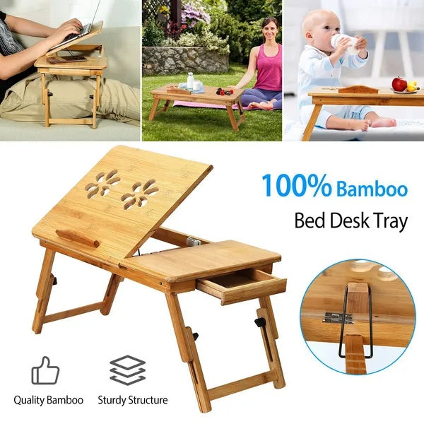 VGG Bamboo Laptop Desk Breakfast Serving Bed Tray Foldable Leg Multi-Position Adjustable Tilt Surface Bed Lap Tray
