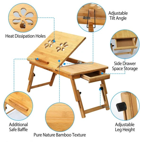 VGG Bamboo Laptop Desk Breakfast Serving Bed Tray Foldable Leg Multi-Position Adjustable Tilt Surface Bed Lap Tray